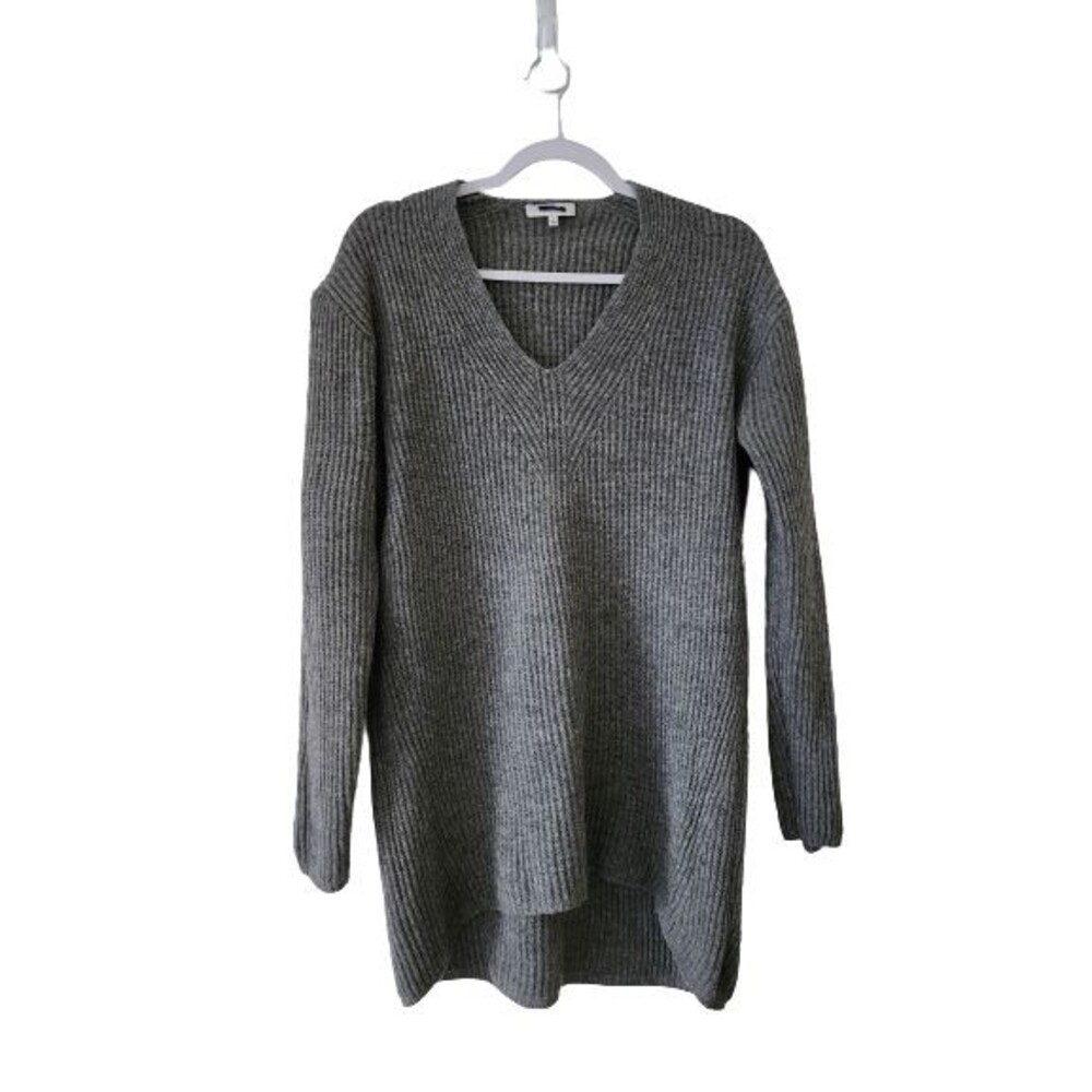 Madewell Womens Wool Long V-Neck Sweater M Gray Droptail Rib-Stitch Knit *FLAWS*